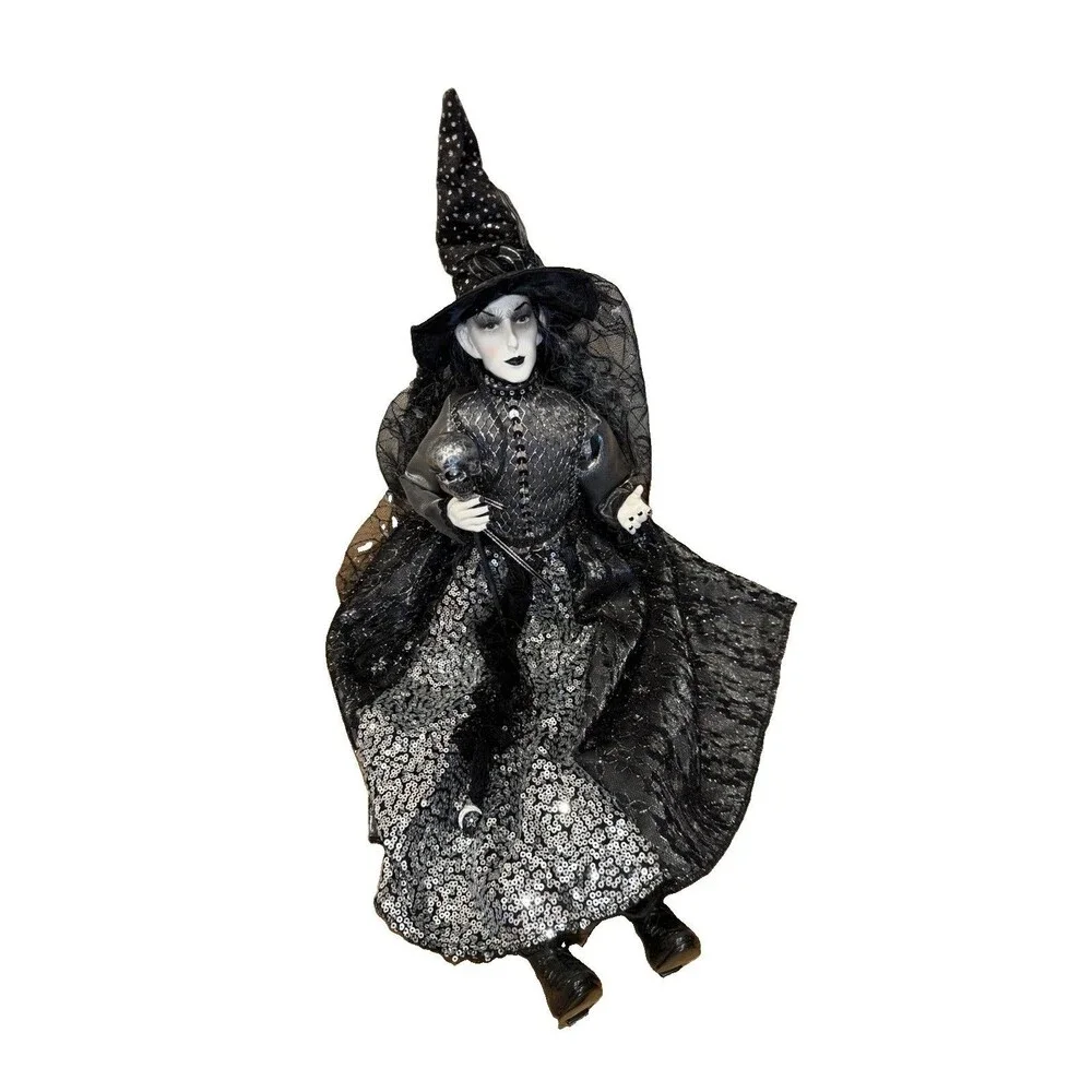 26” Witch W/Skull Black White Dress Posable Legs Shelf Sitting Halloween Decor